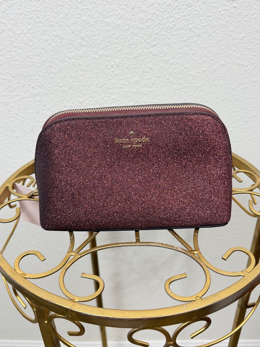 Kate Spade NWT Glitter Dome Makeup Bag Burgundy